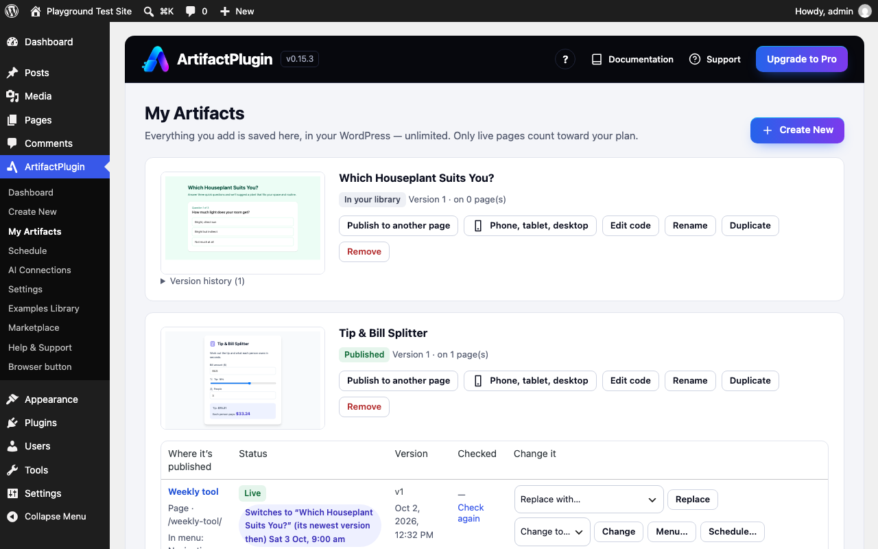 My Artifacts: a published page with Replace, Change, Menu and Schedule buttons