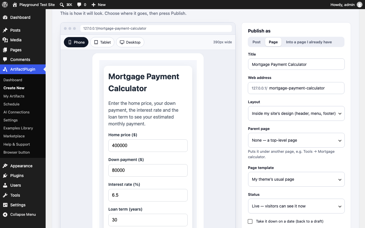 The publish screen showing a mortgage calculator in the phone view, with Phone, Tablet and Desktop buttons