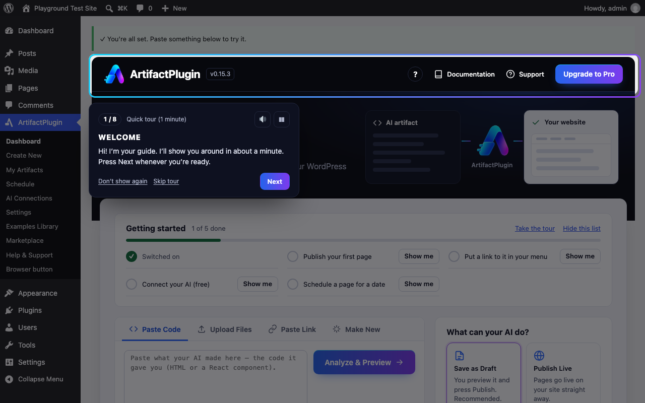 The quick tour's welcome card over the ArtifactPlugin dashboard